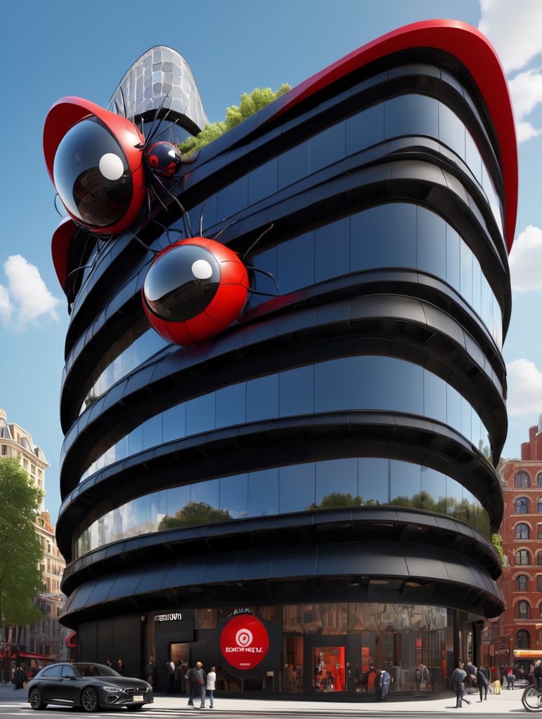 dream prompt: the craziest, bentwood, far view lens architectural modern style hyper realistic hyper detailed neocosmic exterior architecture design of a spider Fluid complex facade, geometric shapes spectrum, black::1 red:3, Antoine Blanchard architecture art style, in new york city, dramatic ambient, natural lighting, camera sony, 8k, --s1000 --style raw, you can imagine