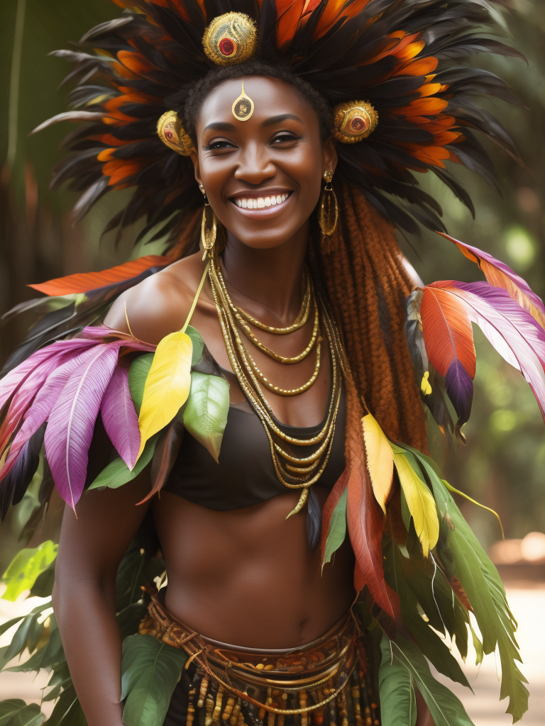 Papua New Guinea lady smiling, head dress, bright multi coloured feathers, chocolate brown coloured background of leaves , tropical, dramatic light, vibrant iridescent colours,