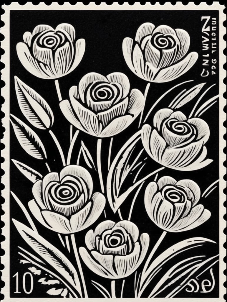 Black and white linocut postage stamp Valentine's Day thick bold dark lines