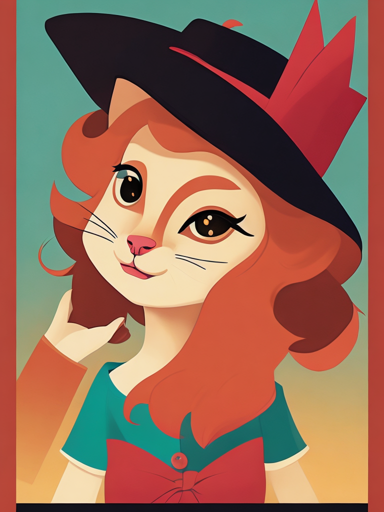 a young pink cat, wearing a hat, Illustration, Disney, USA, style of Mary Blair