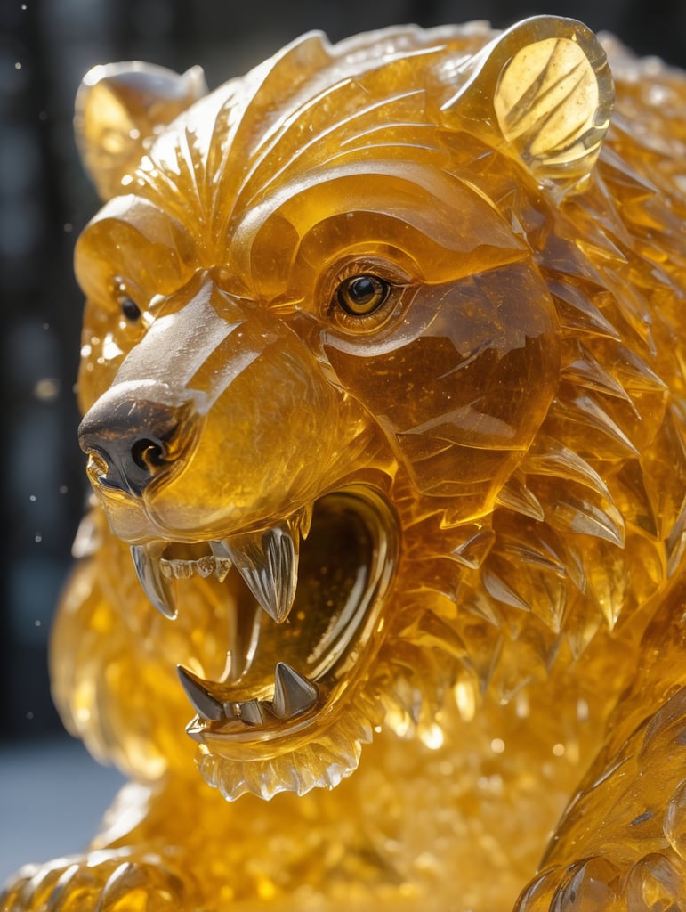 Highly detailed shot of an yellowish ice sculpture in the shape of a Russian Bear, full-body shot, dramatic shattering ice background, full motion effects, diagonal view, ice crystal particles everywhere, back light, ultra sharp focus, high speed shot, subtle color, Bioluminescence, high quality, honey