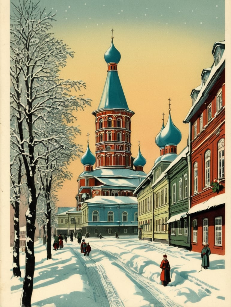 Russia, Tver city, vintage Christmas postcard illustration