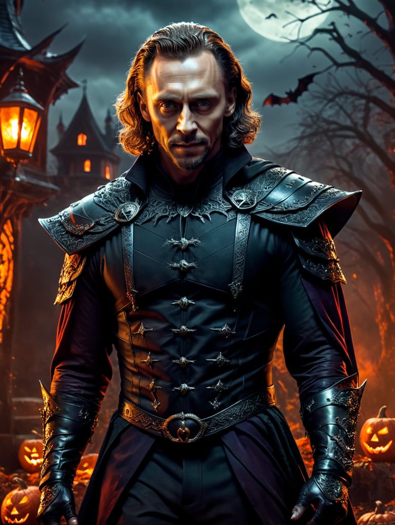 Tom Hiddleston wearing spooky Halloween costume, Halloween, Sinister, dynamic pose, saturated colors, Spooky theme