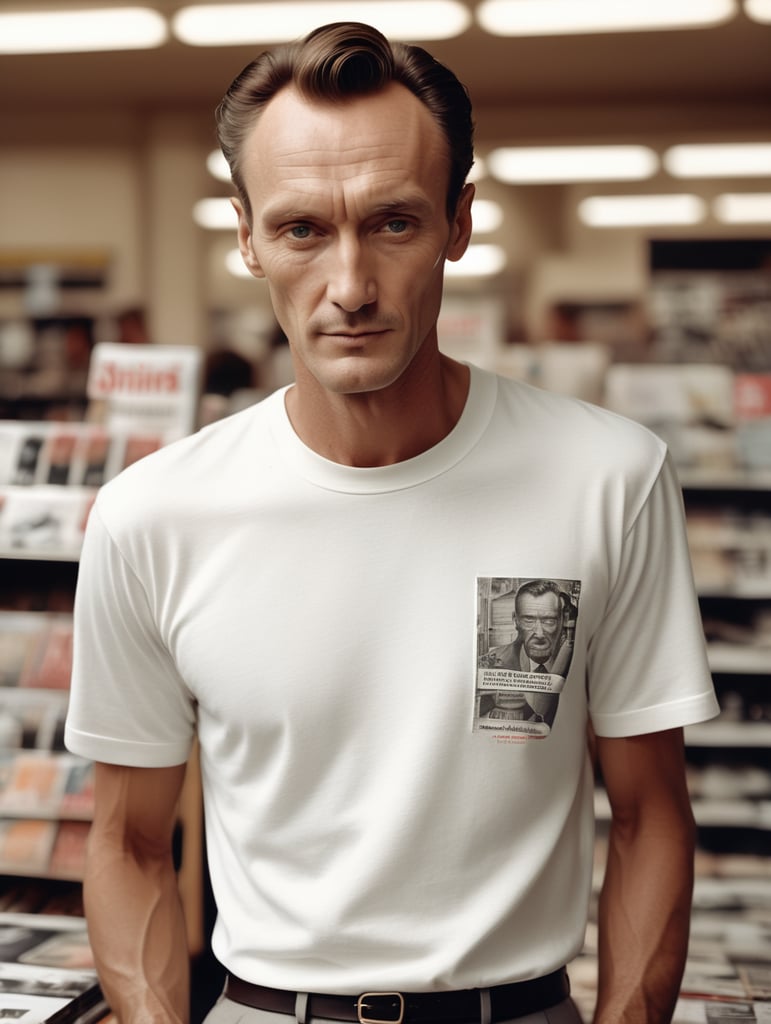 Extremely detailed photographic image, grained image, beautifully composed, monochrome image, 50's fashionable image, fashionable magazine photography, leica summicron 35mm f2.0, kodak 400tx, fashion photography, fashionable model, william s. burroughs, man wearing blank white T-Shirt in Clothing Store Mockup, mock up