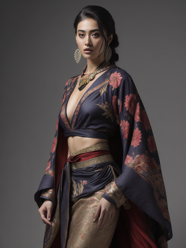 full body pose of a woman in a colorful, intricate, floral kimono, jewel tones, vibrant colors, action pose, details on sleeves and skirt, glamour pose, hyper-realist style :: hyper detailed, 8k, exquisite detail