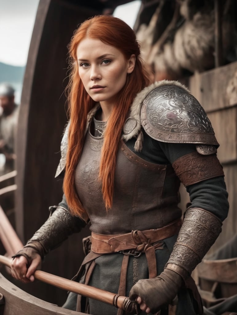 Valkirya warrior short red hair in a viking long ship