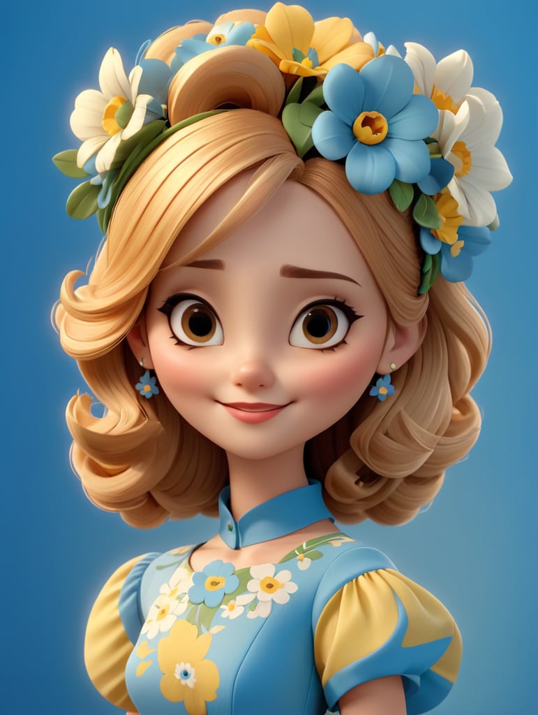 Female character with nice and clever face in modern flowered dress