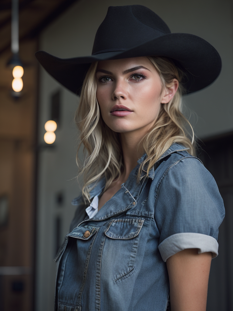 Portrait of an 21 year old elisha cuthbert from the movie the girl next door, wearing demin overalls with a large bust and a cowboy hat