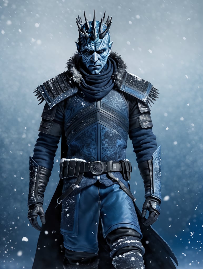 Night King, dark blue snowy background, wearing modern clothes, hyper realistic, hyper detailed male post-apocalyptic full body outfit, male character concept,