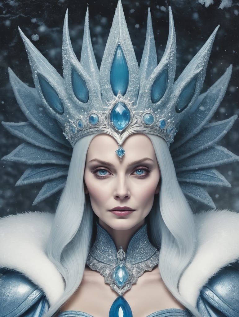 70s comic cover alien bluish pale skin very old wrinkle woman alien with crown queen of the snow sci-fi sinister wicked snow queen