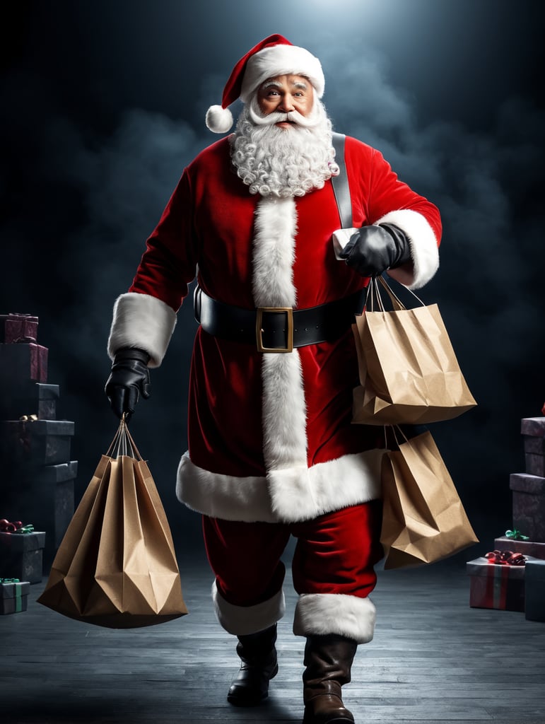Santa Claus in full height holds a bag of gifts , on a white background, clipart