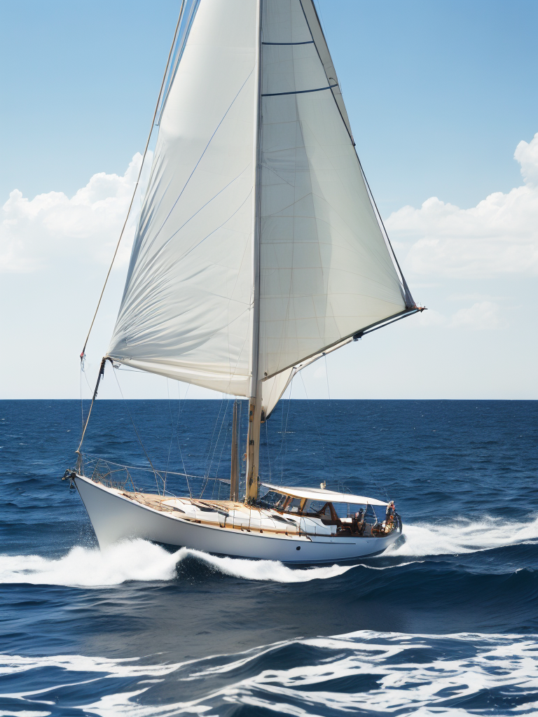 A white sailboat in the sea, sunny day, photorealistic, high detail, landscape, ultra hd, concept art, contrast light, deep colors, vibrant colors