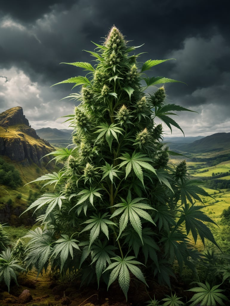 Image of a cannabis plant growing in a Scottish landscape
