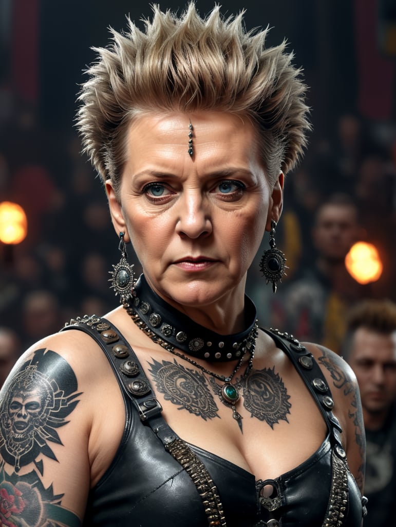 Angela Merkel as a punk rocker, mohawk, tattoos, piercing