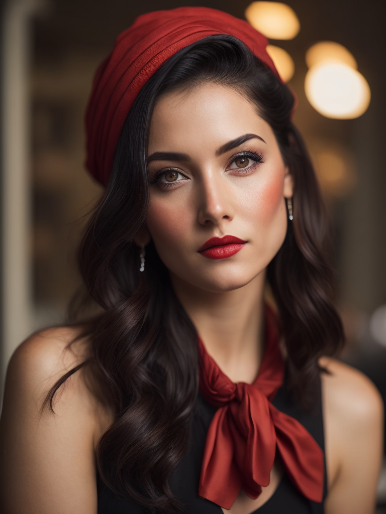 rockabilly girl with 50s style black hair wearing red bandana