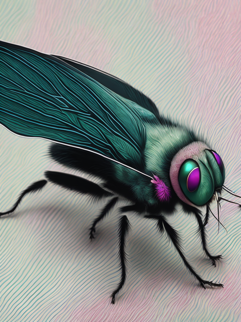 High resolution, sharpened details, intricate hyper - fine - linework in the traditional of banknote engraving throughout in the form of contour lines, hatching, cross hatching, stippling, photorealism, 8k, macro shot of a beautiful fly in green and turquois and iridescent pink inks with a hairy legs and shiny indigo eyes on a solid flat background of pale green, hyperminimalism