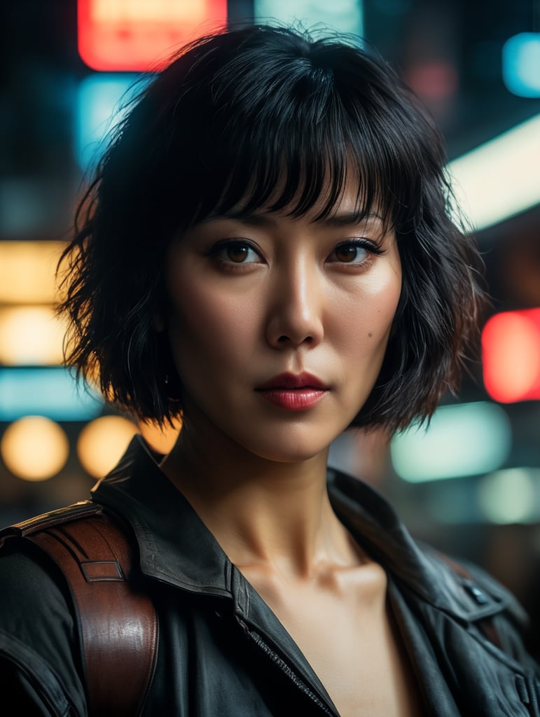 Motoko kusanagi in blade runner 1982, neo noir, cyberpunk, cinema still medium shot 8k