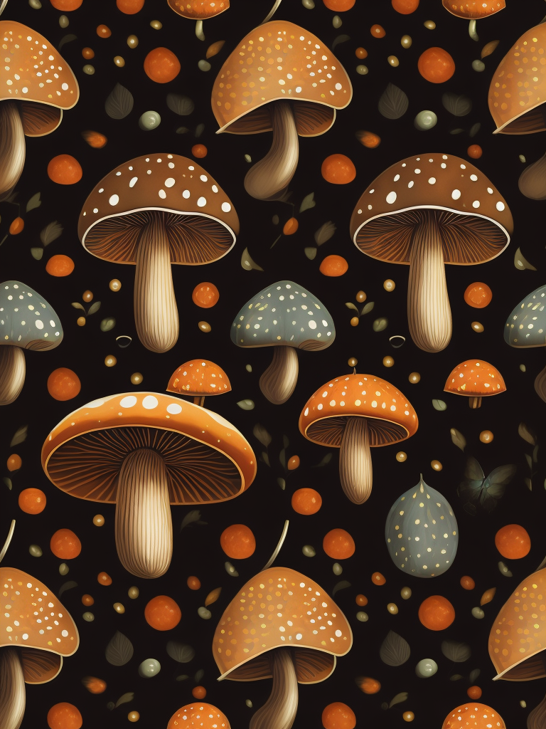 Traditional hand drawn cute funny mushroom with vibrant colors, sets seamless pattern, conceptual unique elegant shapes pattern