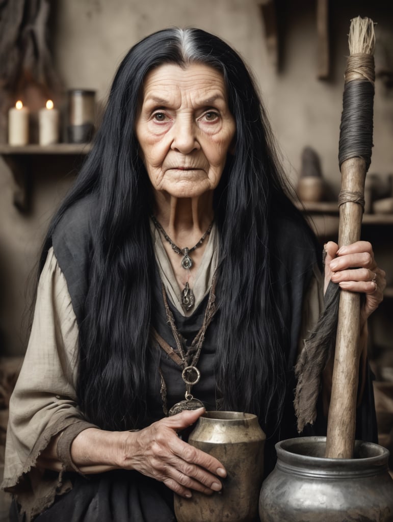 old woman, witch, front-facing portrait, tarnished and dirty clothes, long black hair, holding witchcraft items