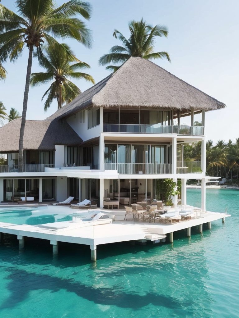 Over water villa in the maledives with the sun shining and some palms