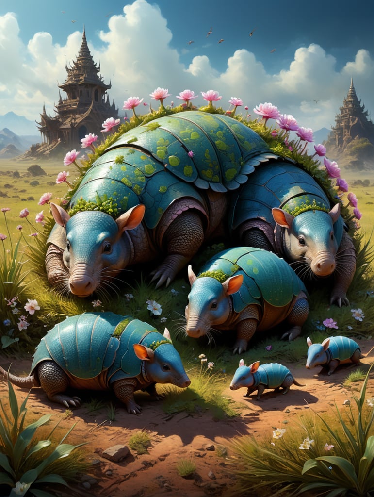 insanely detailed Mystic blossom Fairy Armadillo Family is laying in scrubby grassland, wrapped scrubby grassland", an intricate and hyperdetailed painting by Ismail Inceoglu, Huang CGSociety, ZBrush Central, modern art, digital art style""