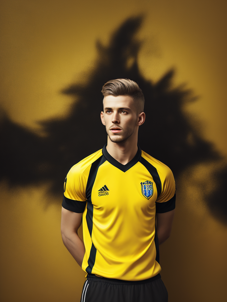 Portrait of soccer english player 1900, yellow and black shirt, fashion magazine illustration, sharp focus, Dramatic Lighting, Depth of field, blurred background