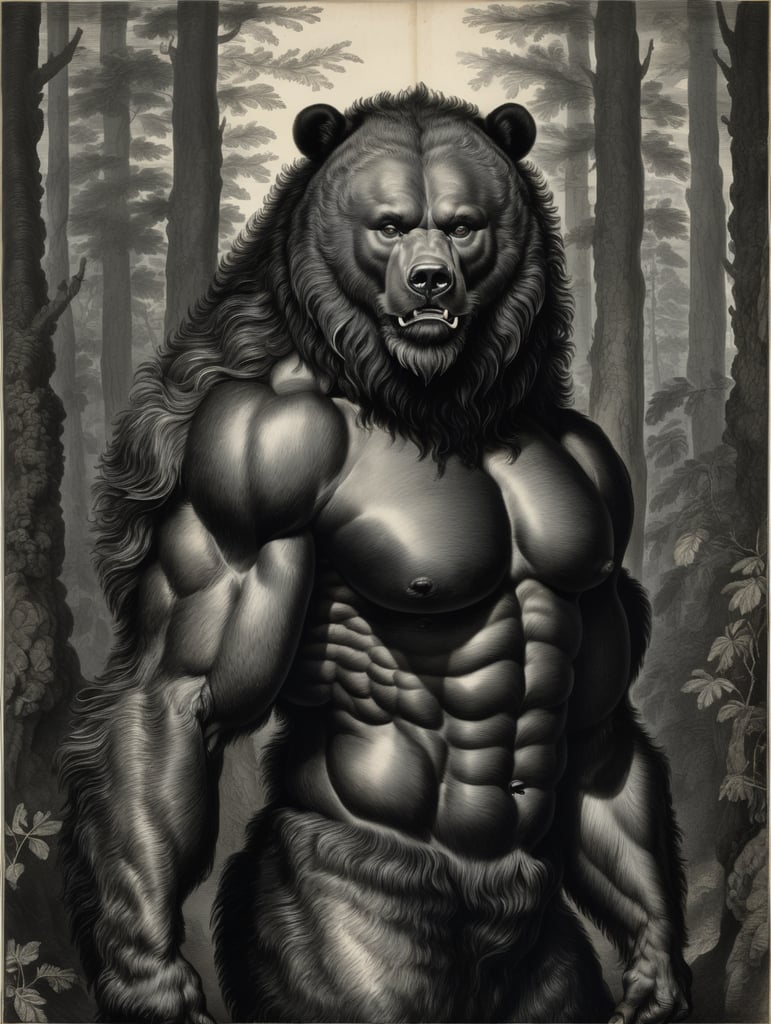 An old engraving by Hendrick Goltzius, a bear-like creature with the face of a black woman, full body portrait, hairy upperbody, long hair