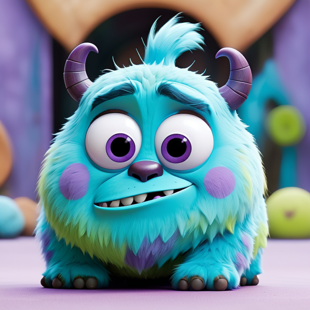 Sulley, Monsters Inc, fluffy, fur, purple circular spots, Disney, face down butt up