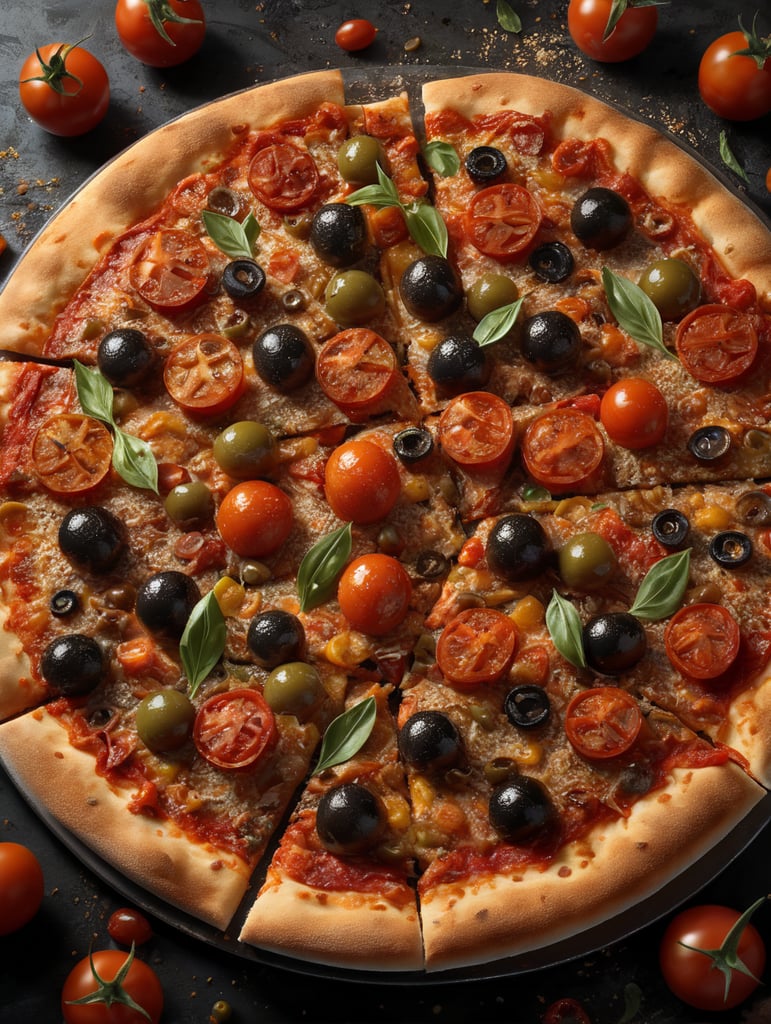 high quality cinematic food explosion, pizza integral de tomates asados y oliva