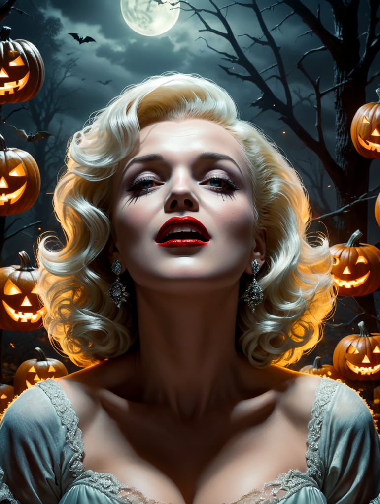 By George A. Romero, eerie Halloween night, Marilyn Monroe resurrected as a ghostly 1950s starlet, haunting old Hollywood set, surreal fear, Halloween charm, cinematic photography, action shoot, movement, epic, high definition