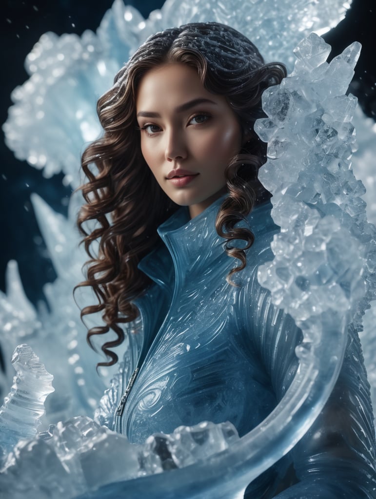 Highly detailed shot of an blueish ice sculpture in the shape of a curly women, full-body shot, dramatic shattering ice background, full motion effects, diagonal view, ice crystal particles everywhere, back light, ultra sharp focus, high speed shot, subtle color, Bioluminescence, high quality