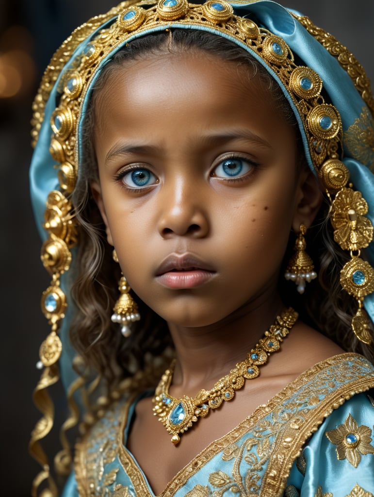Wartime close-up photo of a (((6-year-old Nigerian girl))), (((dressed in traditional gold wedding dress with light blue pattern, traditional cloth headdress))), (fearful), 1 girl, alone, face very detailed, beautiful bright eyes, (((very sad and teary eyes))), stunningly beautiful image, (Rembrandt lighting), zeiss lens, ultra-realistic, (highly detailed skin: 1.2), 8k uhd, dslr, light, high quality, Fujifilm XT3 Dramatic edge.