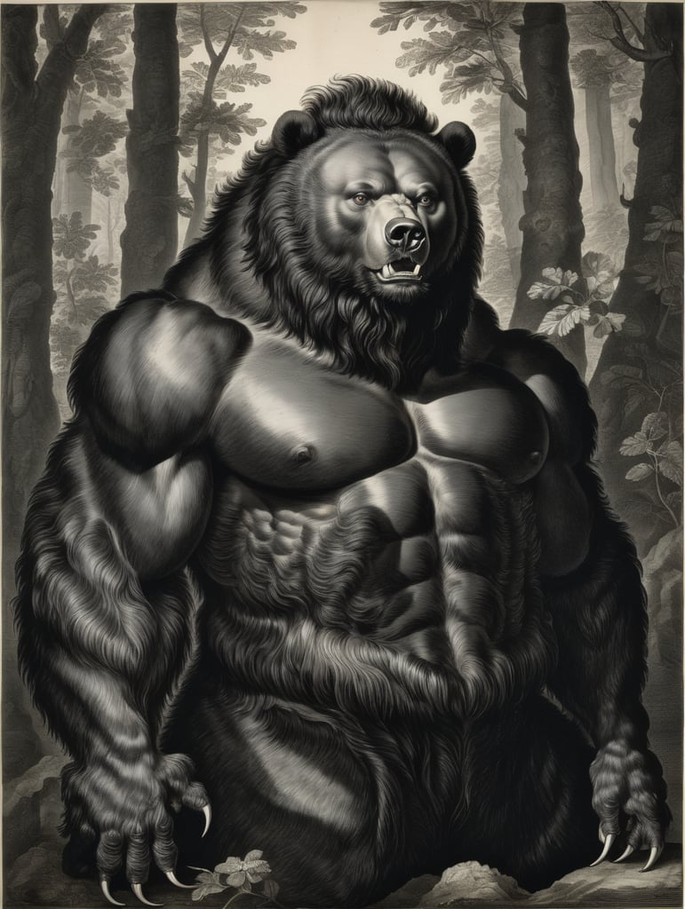 An old engraving by Hendrick Goltzius, a bear-like creature with the face of a black woman, full body portrait, hairy upperbody, long hair