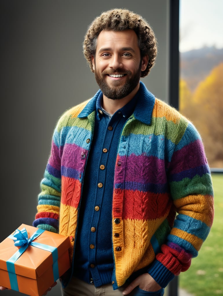 portrait of a bearded curly man wearing coloured knitted jacket, stands front camera with gift box his hand, happy birthday images, spring time