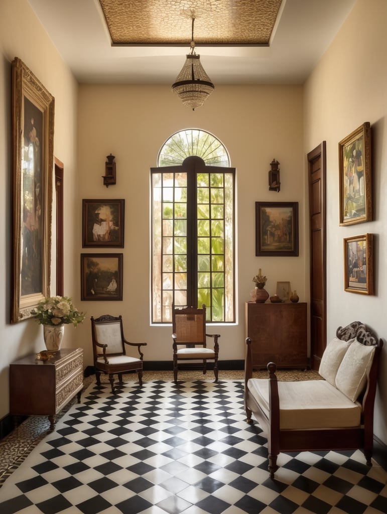 A masterpiece painting of a cuban colonial house bedroom interior, with cuban mosaic floor, a huge window in the right, the light comes from right, and there's a dark wooden colonial chair in the middle, some paintings and portraits, cream colors, central perspective, masterpiece composition