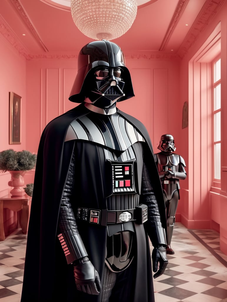 vogue photoshoot of Darth Vader of Star Wars in Wes Anderson style, hyperrealistic photography, Wes Anderson style, 8k