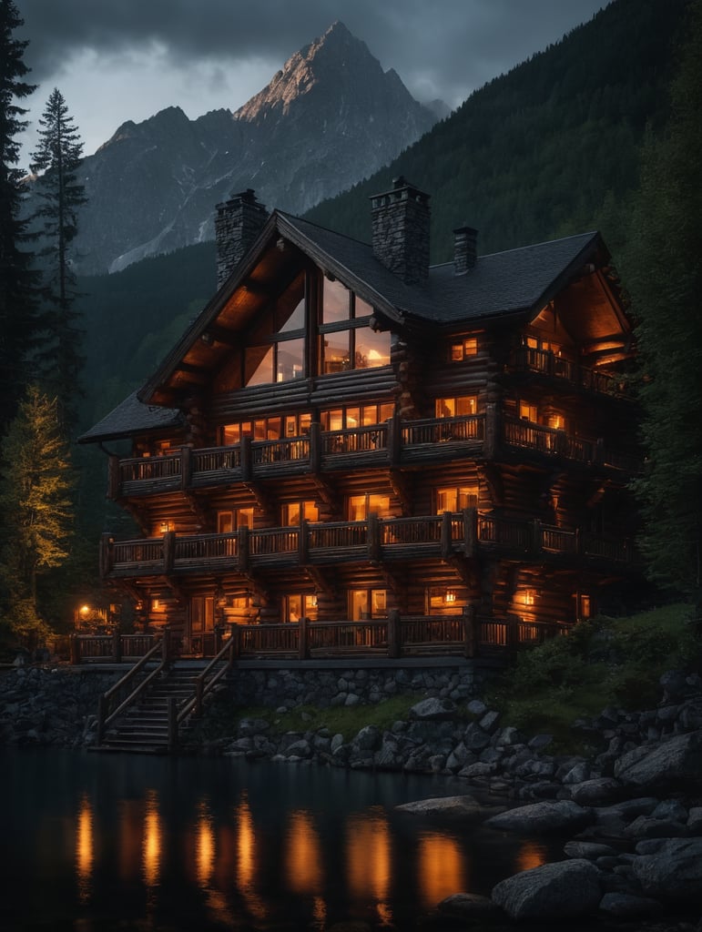 Professional evening photo of a Log mountain house, mountains, lake, forest