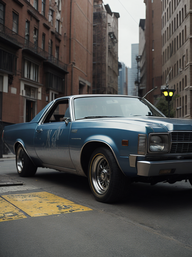 Futuristic 1983 Silver Chevy El Camino chrome rims pin stripe glossy paint graffiti alley trash dumper in background downtown