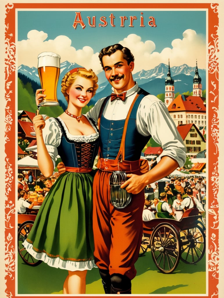 Austria, vintage Octoberfest postcard illustration