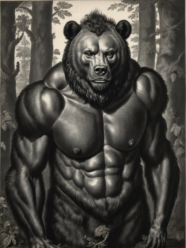 An old engraving by Hendrick Goltzius, a bear-like creature with the face of a black woman, full body portrait, hairy chest, long hair