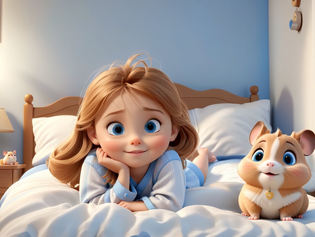 Light brown haired, blue eyed little girl waking up in bed with a cute little brown and white hamster beside her