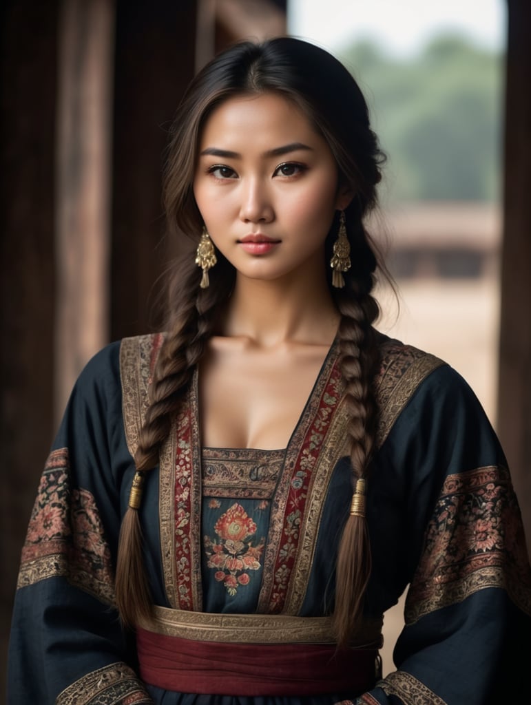exclusively frontal portrait from the waist up, 23 year old Asian beautiful, brown -haired, sweet, shoulder length hair down, young Uzbekistan peasant woman, Uzbekistan in 15th century national dress, dark scene, dark atmosphere, epic frame, sharp details