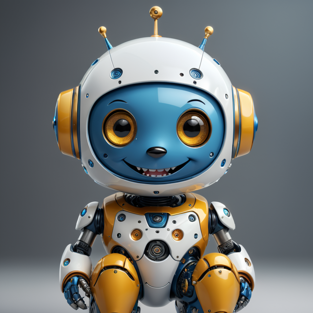 Friendly Blue Cute Chat bot for web page white face-screen with smile wheels instead legs gray background