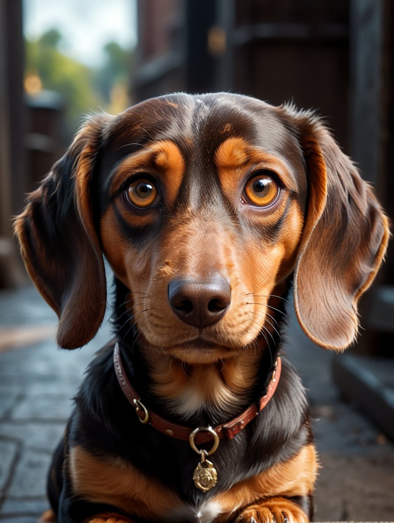 A brown and tan dachshund with large hazel eyes and floppy ears. In the Disney Pixar animation style