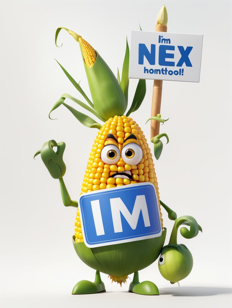 a realistic angry Genetically modified corn holding a sign "I'm sick!", WHITE background