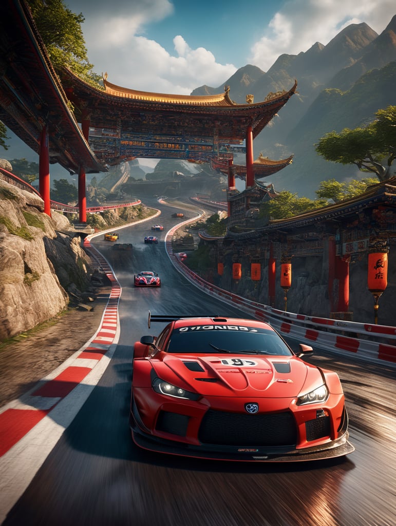 A video game render of an epic oriental racing track, epic racing location, Asphalt 9 Legends style, incredible graphics, 4k