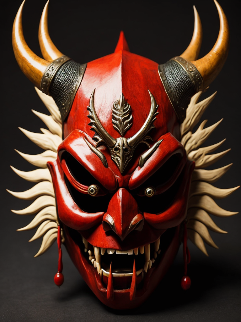 wooden red japanese demon mask with fangs and horns, black background, aggressive, Depth of field, Incredibly high detail