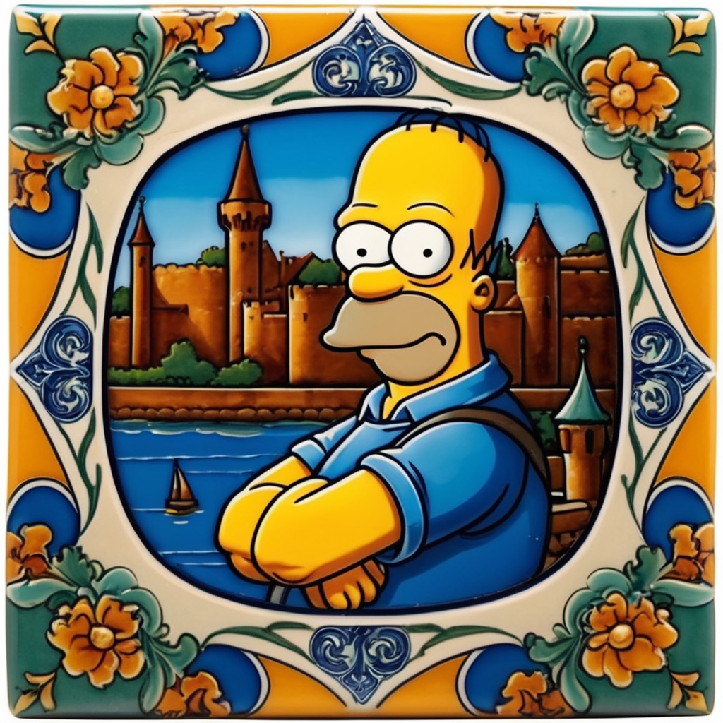 Square ceramic glazed tile with medieval art Homer Simpson, Azulejo