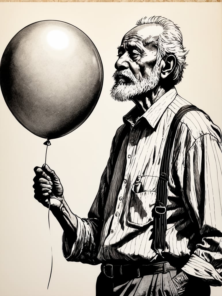 Ink pen sketch, low light, low detail, old man holds a balloon in his hand