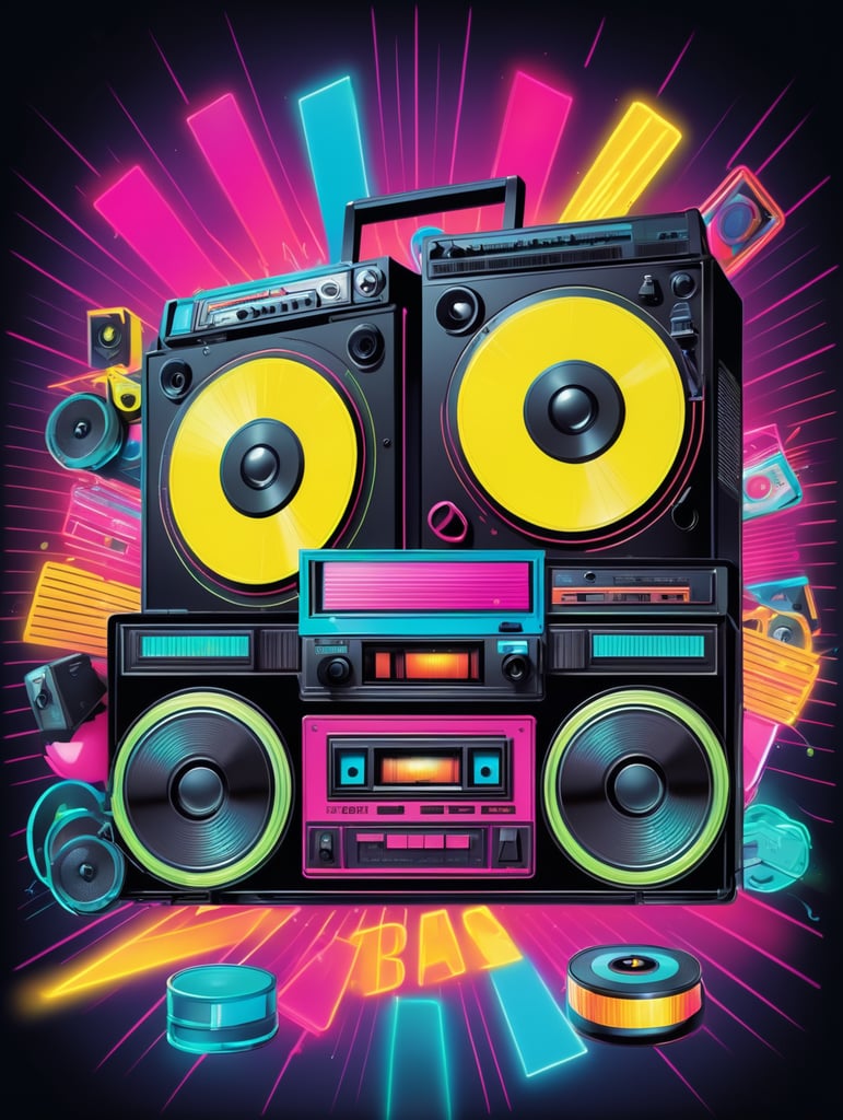 80's style retro party poster featuring boom box, cassettes, record player, neon, synthwave, disco vibes